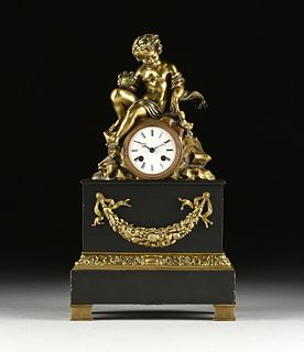A NEOCLASSICAL REVIVAL "PUTTO WITH NESTING BIRDS" GILT AND PATINATED METAL BELGE NOIR MARBLE CLOCK, PARIS, 1860-1900,