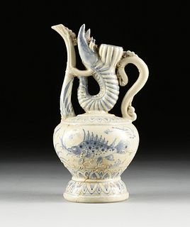 AN UNUSUAL VIETNAMESE/ANNAMESE BLUE AND WHITE PAINTED MANTIS SHRIMP MODELED EWER, SHIPWRECK ARTIFACT, 15TH/16TH CENTURY,