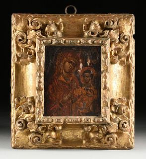 A GREEK ICON, "Theotokos Hodegetria (Mother of God) holding the Christ Child as Salvator Mundi with Globus," 17TH/18TH CENTURY,
