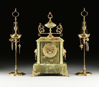 A NEO GREC GILT BRONZE MOUNTED GREEN AGATE CLOCK AND PAIR OF "AFTER THE ANTIQUE" BRASS OIL LAMPS, FRENCH, LATE 19TH/EARLY 20TH CENTURY,