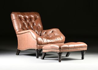 A CHESTERFIELD BROWN TUFTED LEATHER READING CHAIR AND OTTOMAN, 20TH CENTURY, 
