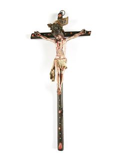 A SPANISH-PORTUGUESE PAINTED AND CARVED WOOD CRISTO MORTO CRUCIFIX, PROBABLY PORTUGUESE, 18TH/19TH CENTURY,