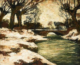 GERMAN EXPRESSIONIST, A PAINTING, "Snowy Bridge with Trees in Landscape," EARLY/MID 20TH CENTURY,