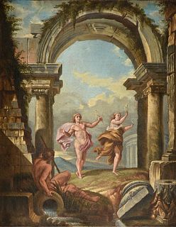 ITALIAN SCHOOL, A CAPRICCIO PAINTING, "Peneus Transforming Daphne Fleeing from Eros and Apollo," POSSIBLY LATE 18TH CENTURY,