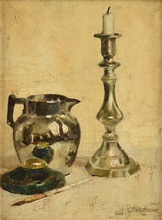 attributed to CHARLES ROBERT PATTERSON (American 1878-1958) A PAINTING, "Still Life with Silver Creamer, Candlestick, Inkwell and Pen,"