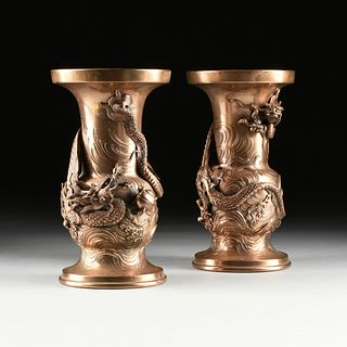 A PAIR OF JAPANESE "DRAGON" BRONZE VASES, SIGNED, MEIJI PERIOD (1868-1912), 