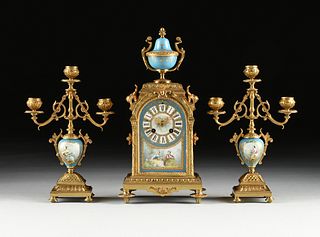 A FRENCH LOUIS XVI REVIVAL GILT BRONZE AND SÈVRES STYLE PORCELAIN MANTLE CLOCK WITH ASSOCIATED THREE LIGHT CANDELABRA, SECOND HALF 19TH CENTURY,