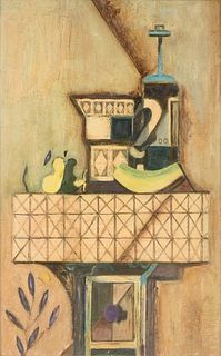AMERICAN CONTEMPORARY SCHOOL, A CUBIST STYLE PAINTING, "Still Life with Pear, Melon, Pitcher and Blue Bottle," MID 20TH CENTURY,