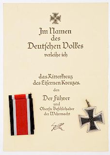 German Knights Cross, Ribbon and Document Display Copy 