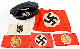 German WWII Armbands, Party Flag and Veteran's Visor 