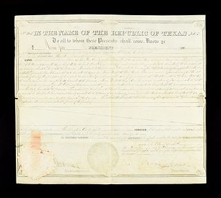 A REPBULIC OF TEXAS BOUNTY LAND GRANT, ANSON JONES, LAST PRESIDENT OF TEXAS, SIGNED, AUSTIN, FEBRUARY 7, 1846, 