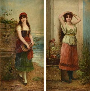 B. ROMANELLI (Italian 19th Century) A PAIR OF PAINTINGS, "Gypsy Beauty with Mandolin," AND "Auburn Haired Fruit Vendor,"