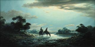 DALHART WINDBERG (American/Texas B.1933) A PAINTING, "Two Cowboys Watering their Horses Under Clouds," 1968,