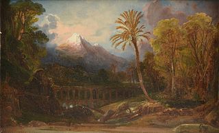 JEAN-BAPTISTE-LOUIS GROS (French 1793-1870) A PAINTING, "South American Aqueduct and Mountains in Landscape," 