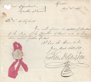 A REPUBLIC OF TEXAS MANUSCRIPT, SAM HOUSTON, SIGNED, APPOINTMENT OF PHYSICIAN WILLIAM M. SHEPHERD AS SECRETARY OF THE NAVY OF THE REPUBLIC OF TEXAS, H