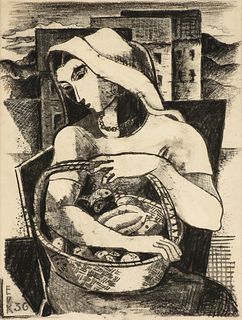 EDMUND DANIEL KINZINGER (German/American 1888-1963) A DRAWING, "Taxco Lady Fruit Vendor with Jewelry," 1936,