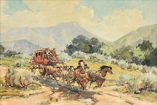 MARJORIE JANE REED (American 1915-1996) A PAINTING, "Overland Stagecoach en Route," 1957-1967,