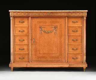 A NEOCLASSICAL REVIVAL MARBLE TOPPED AND GILT BRONZE MOUNTED BIRDS EYE MAPLE SIDEBOARD, FRENCH, LATE 19TH CENTURY,