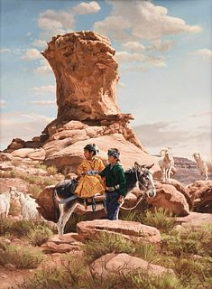 RAY SWANSON (American 1937-2004) A PAINTING, "Navajos at Chilchinbeto," 1990,