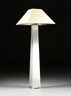A MID CENTURY MODERN J. ROBERT SCOTT "LITHIC" BRUSHED STEEL AND CHROME FLOOR LAMP, DESIGNER SALLY LEWIS, CIRCA 1980,