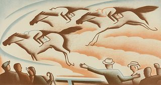 ALEXANDRE HOGUE (American/Texas 1898-1994) A PRINT, "On the Back Stretch," 1935,