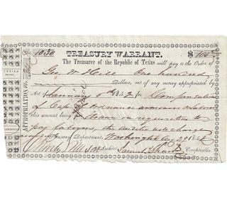 A REPUBLIC OF TEXAS TREASURY WARRANT, SAMUEL B. SHAND, SIGNED AND ISSUED AT WASHINGTON, AUGUST 29, 1843,
