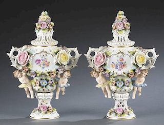 Pair of Sitzendorf porcelain covered vases.