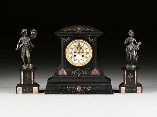 A THREE PIECE NEO GREC BLACK AND ROUGE GRIOTTE MARBLE MANTLE CLOCK WITH GARNITURE, FRENCH, THIRD QUARTER 19TH CENTURY,