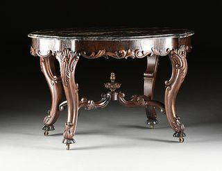 AN AMERICAN ROCOCO REVIVAL MARBLE TOPPED ROSEWOOD CENTER TABLE, MID 19TH CENTURY, 