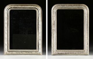 A MATCHED PAIR OF ANTIQUE FRENCH SILVER LEAFED MANTLE MIRRORS, 19TH CENTURY,