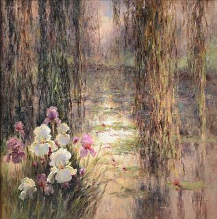 JIAN LIU (Chinese b. 1972) A PAINTING, "Iris and Weeping Willow by the Lily Pad Pond,"