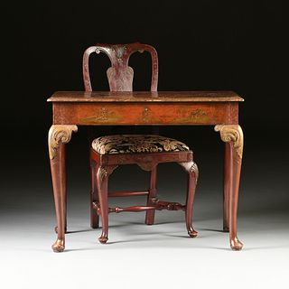 A QUEEN ANNE GILT AND RED LACQUERED CHINOISERIE DECORATED TABLE WITH LATER CHAIR, THE TABLE 18TH CENTURY,