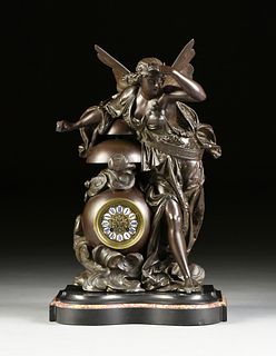 AN ALLEGORICAL PATINATED SPELTER CLOCK, "Aurora," FRENCH, MID/LATE 19TH CENTURY,