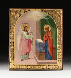 A RUSSIAN PARCEL GILT AND POLYCHROME ICON OF THE ANNUNCIATION OF USTYUG ON WOOD, AFTER THE 12TH CENTURY ORIGINAL, NOVGOROD STYLE, LATE 19TH CENTURY,