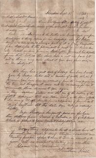 A REPUBLIC OF TEXAS MANUSCRIPT, "BLACK VOMIT" LETTER TO COLONEL THOMAS WILLIAM WARD FROM JONATHAN HULL, HOUSTON, AUSTIN AND WASHINGTON, SEPTEMBER 12-1