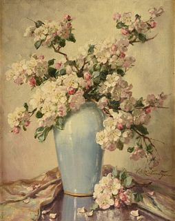 VOLNEY ALLAN RICHARDSON (American/Texas 1880-1955) A PAINTING, "Cherry Blossoms in a Blue Vase,"