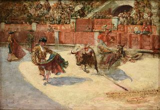 EMILIO PORSET Y MARTINEZ (Spanish c.1874-1922) A PAINTING, "Matador at Bullfight," 1908,