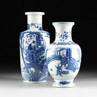 A GROUP OF TWO CHINESE BLUE AND WHITE FIGURAL BALUSTER AND ROULEAU PORCELAIN VASES, QING DYNASTY (1644-1912),