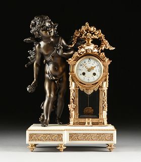A LOUIS XVI STYLE GILT METAL AND SPELTER ORMOLU MOUNTED WHITE MARBLE CLOCK, "Sneaking Cupid," FRENCH, 1890-1910,