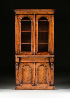 AN AMERICAN CLASSICAL WALNUT, ROSEWOOD AND MAHOGANY BOOKCASE CABINET, 1840s,