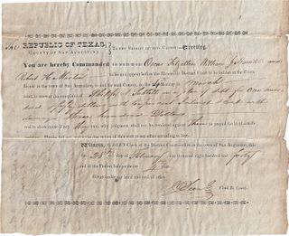 A REPUBLIC OF TEXAS COURT SUMMONS, CALLOWAY DEEN, CLERK, SIGNED, SAN AUGUSTINE, FEBRUARY, 28, -MAY 21, 1840,