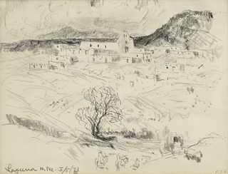FREMONT ELLIS (American 1897-1985) A DRAWING, "Preliminary Sketch of 'Autumn, Laguna Pueblo'," NEW MEXICO, MAY 5, 1973, 
