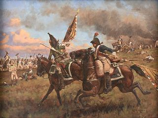 KEITH ROCCO (American 20th/21st Century) A PAINTING, "Napoleonic War Cavalry Carrying Austrian Infantry Regiment Flags," 2000,