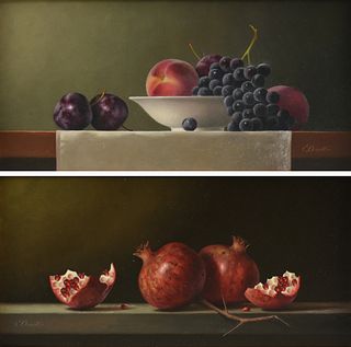 GERALD STINSKI (American 1929-2015) A PAIR OF PAINTINGS, "Branch and Pomegranates," AND "Plums, Peach and Grapes in a Bowl," 