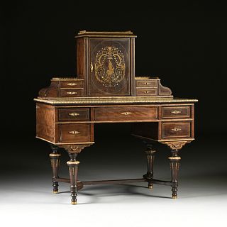 AN AUSTRIAN BRASS BOULLE MARQUETRY AND MOTHER OF PEARL INLAID ROSEWOOD KNEEHOLE DESK, THIRD QUARTER 19TH CENTURY,