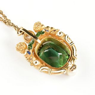 AN AUSTRO-HUNGARIAN STYLE RENAISSANCE REVIVAL 18K YELLOW GOLD BLUE GREEN TOURMALINE, PEARL AND ENAMEL PENDANT AND NECKLACE, 19TH CENTURY,