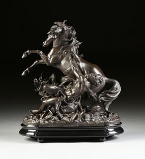 after PHILIPPE POITEVIN (French 1831-1907) A PAIR OF PATINATED METAL EQUESTRIAN GROUPS, "Hippolyta and Hippolytus," THIRD QUARTER 19TH CENTURY,