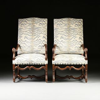 A PAIR OF LOUIS XIV STYLE SCALAMANDRÉ UPHOLSTERED WALNUT TALL BACK ARMCHAIRS AND MATCHING FOOT STOOL, 