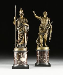 A PAIR OF ITALIAN BRONZE SCULPTURES OF AUGUSTUS PRIMAPORTA AND MINERVA GIUSTINIANI, AFTER THE ANTIQUE, LATE 19TH/EARLY 20TH CENTURY,