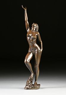 GABRIEL PONZANELLI (Mexican 1942-2019) A BRONZE SCULPTURE, "Nude Lady Stretching Upward,"